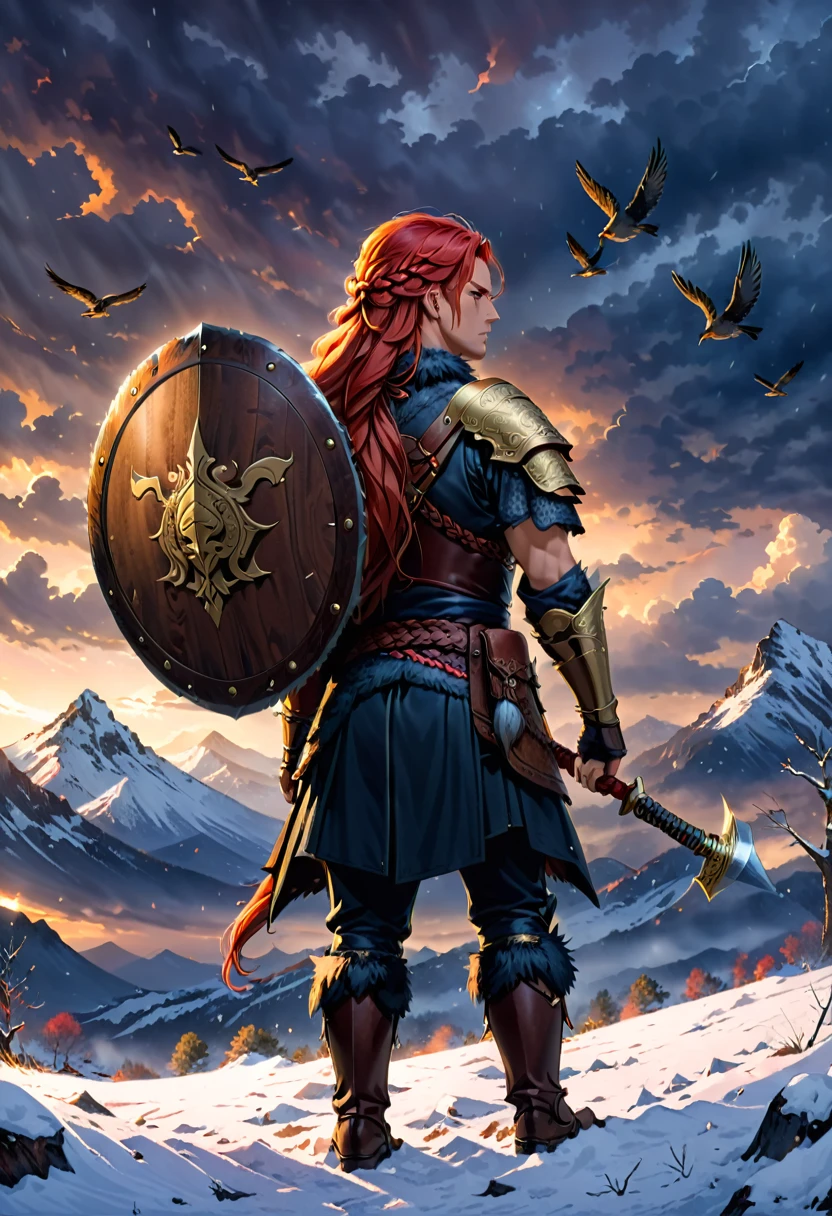 A warrior with long red braided hair stands in a snowy and cloudy environment, holding a decorated axe over their shoulder and a round wooden shield strapped to their back. They are wearing dark fur and leather armor with a belt that has a pouch and a sword attached. Several birds fly in the distance, adding to the dramatic and moody atmosphere. The lighting is dim with subtle highlights on the warrior, indicating either dawn or dusk, and the scene conveys a sense of strength and solitude.