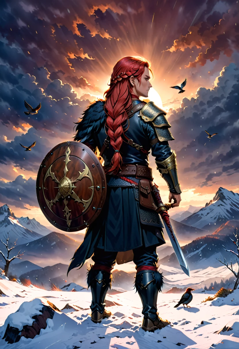 A warrior with long red braided hair stands in a snowy and cloudy environment, holding a decorated axe over their shoulder and a round wooden shield strapped to their back. They are wearing dark fur and leather armor with a belt that has a pouch and a sword attached. Several birds fly in the distance, adding to the dramatic and moody atmosphere. The lighting is dim with subtle highlights on the warrior, indicating either dawn or dusk, and the scene conveys a sense of strength and solitude.