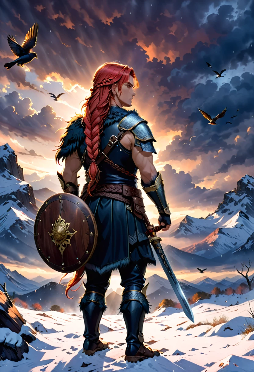 A warrior with long red braided hair stands in a snowy and cloudy environment, holding a decorated axe over their shoulder and a round wooden shield strapped to their back. They are wearing dark fur and leather armor with a belt that has a pouch and a sword attached. Several birds fly in the distance, adding to the dramatic and moody atmosphere. The lighting is dim with subtle highlights on the warrior, indicating either dawn or dusk, and the scene conveys a sense of strength and solitude.