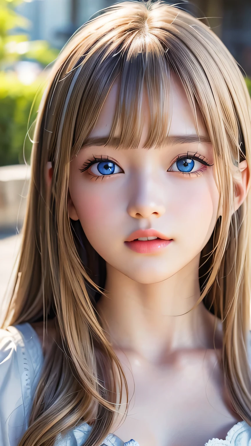 (Close-up:1.4)、(RAW shooting:1.2)、(Photorealistic:1.4)、(masterpiece:1.3)、(Highest quality:1.4)、Bright expression、Very cute beautiful girl、An exceptionally beautiful girl、Cute and beautiful face details、Beautiful Bangs、Radiant, fair, glowing skin、Facial hair、Bangs that reach the face、Bangs between the eyes、Super long hair、Super long, straight, silky hair with a striking platinum blonde hue、Thin Hair、Big, bright, light blue eyes that shine beautifully、one piece、eyeliner、double eyelid、Ample Bust、Upper Body、