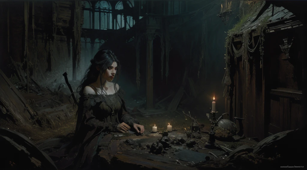 (by Greg Rutkowski: 1.2), (masterpiece), (best quality), extremely delicate and beautiful, illustration, (fantasy landscape), A mesmerizing fantasy landscape with enchanting elements blending seamlessly. , (adorned with spooky atmosphere surrounded with bloods). A sense of dark and horror fills the air, inviting exploration and discovery, depth of field, HDR, intricate, delicate"