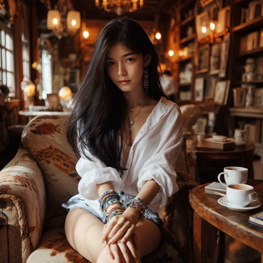 Mood photo for advertising, a 16 yo girl sitting inside a cafe, at a coffee table with blue-white-patched table cloth, Close-up selfie, in paris, morning sunshine from window, photorealistic, selfie 