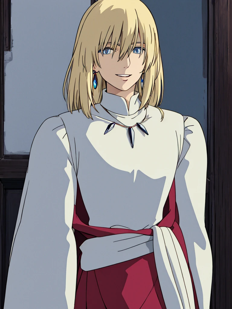 ghibli style, howl \(howl no ugoku shiro\),
1boy, bangs, blonde hair, blouse, blue eyes, coat, crystal earrings, earrings, hair between eyes, jewelry, long sleeves, looking at viewer, male focus, medium hair, necklace, parted lips, red coat, shirt, smile, solo, white background, white shirt
, ((masterpiece))