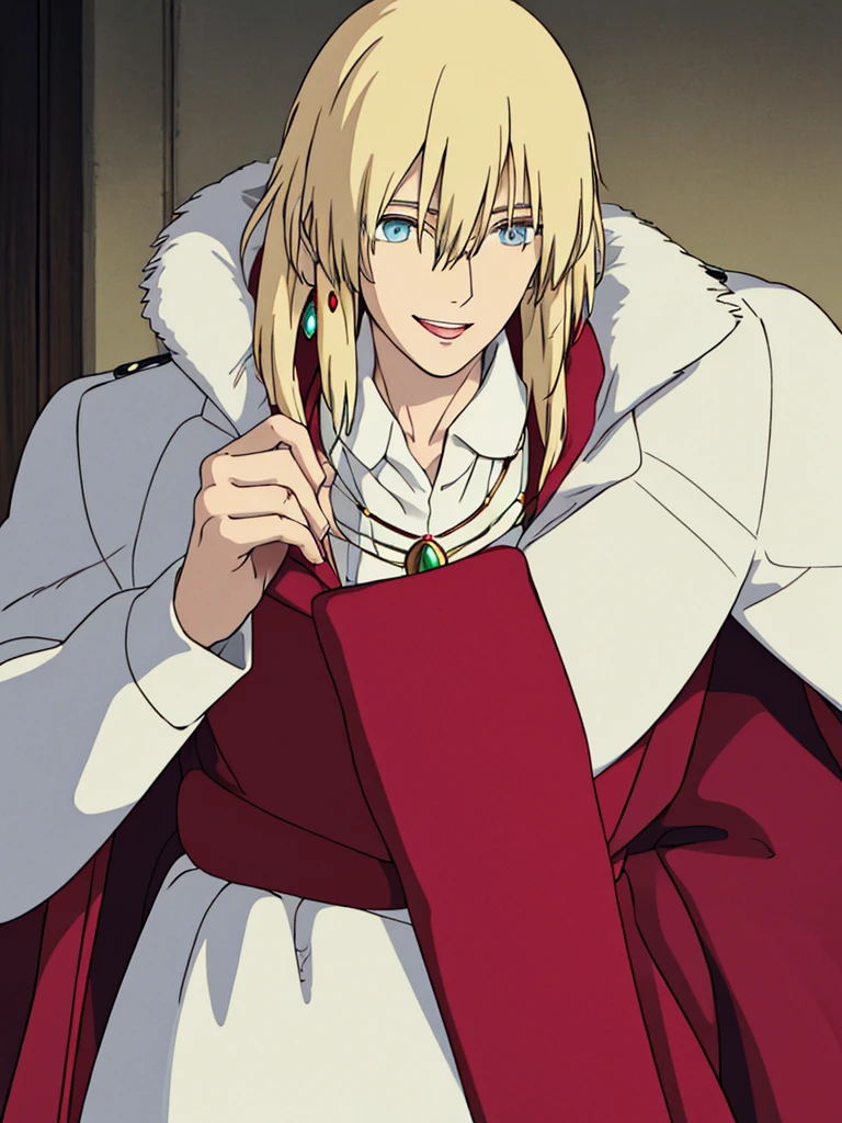 ghibli style, howl \(howl no ugoku shiro\),
1boy, bangs, blonde hair, blouse, blue eyes, coat, crystal earrings, earrings, hair between eyes, jewelry, long sleeves, looking at viewer, male focus, medium hair, necklace, parted lips, red coat, shirt, smile, solo, white background, white shirt
, ((masterpiece))