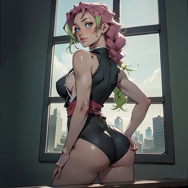 Hyper realistic super detailed sexy Mitsuri Kanroji, NSFW, Very detailed, expressions faciales sexy, seductive facial expressionace detail: 1.4): 0.4], 16K resolution, 4k resolution, dinamic lighting, High definition resolution, (sexy pose, Position attrayante), (hyper realistic: 1.4), (back light: 1.2), (sun light: 1), (pleine hauteur: 1.8),(contrasting background: 1.5), (Anatomy of the hyperrealistic arm), (Hyperrealistic anatomy of the legs), (peau propre), (lighting cinematic: 1.7), (intime), (Technologie NVIDIA RTX Ray Tracing), (Ventre plat parfait), (image couleur),Create a 4K resolution, ultra-realistic, and extremely detailed artwork featuring a Mitsuri Kanroji in a corporate office setting with a provocative style. Mitsuri Kanroji  the central character in the artwork. She stands in front of a big glass window of a modern office offering a cityscape view.

 ((Mitsuri Kanroji (demon slayer))), a girl with long green-pink gradient hair and green eyes, green hair, gradient hair, multicolored hair, long hair. Sha has a commanding presence. She has a provocative yet professional silhouette, with a tailored business suit that subtly emphasizes her figure. Her makeup  bold, with striking red lips and a gaze that demands attention.

She  dressed provocatively,  a bold fashion statement. bright colored leotard, bare shoulders, a touch of glamour to her overall appearance. shy smile, faint smile