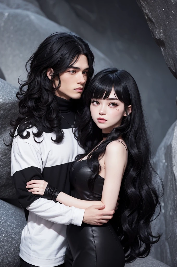 Draw a couple in 'Steven Universe' style, with the woman being white with long black hair and bangs, and the man black with curly hair, both wearing black, hugging and with an alternative style at a dark rock party.
