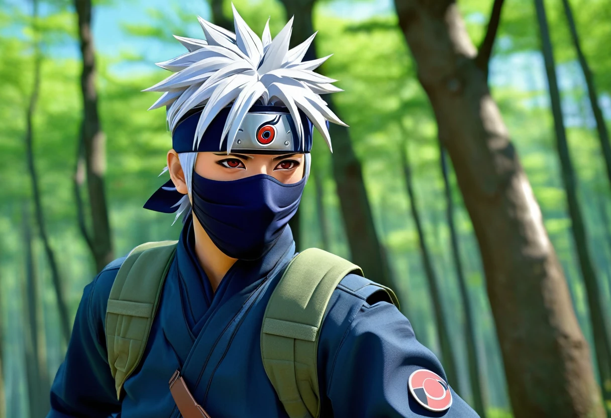 Kakashi Hatake dressed in his traditional outfit, detailed facial features, expressive eyes and lips, strong and confident expression, spiky silver hair, wearing his dark blue mask covering the lower half of his face, forehead protector with the Konoha symbol tilted to the side covering his left eye, dark blue outfit with flak jacket, sandals, dynamic action pose, running in a forest, leaping across tree branches, kunai in hand, energetic atmosphere, comic book style, cell shading effect, vibrant colors, contrasting dark blue and green tones, dramatic lighting (best quality, highres), emphasis on shadows and highlights, crisp details and textures, HD rendering, perfectly rendered muscles and clothing, meticulously drawn facial expressions, particular emphasis on his unique Sharingan eye in the left eye, with its distinct red color and tomoe pattern, and his normal right eye, creating a mysterious and powerful appearance.