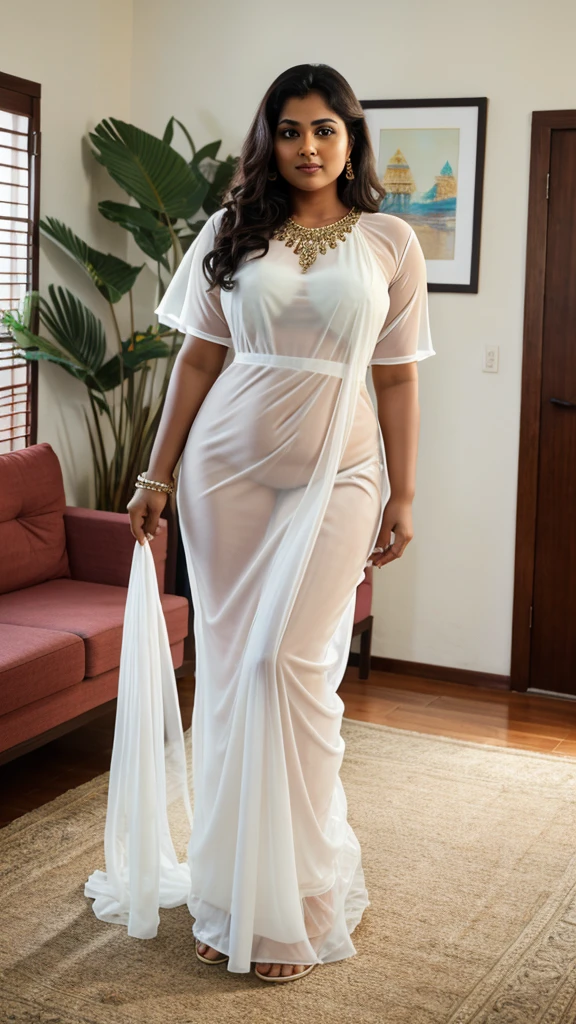 35mm film photography, A 45 year old, full-figured South Indian girl with a serene expression wearing a, body tight white colored chiffon transparent burkha, standing in a living room surrounded by a group of middle-aged South Indian men, captured in a full-body image with vivid colors and intricate craftsmanship., high detail, pastel, soft tones, full body image 