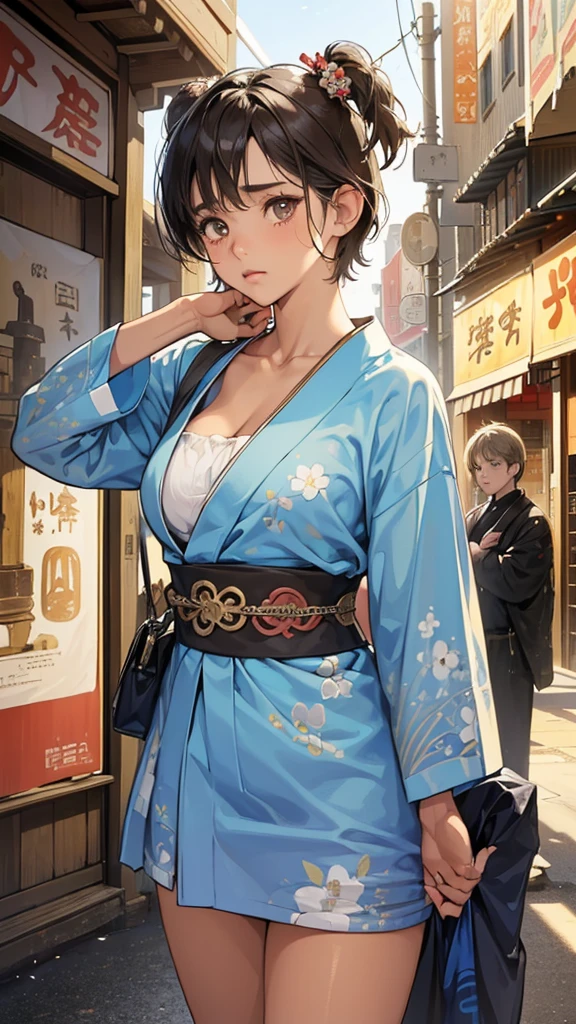 (perfect anatomy:1.2)(absurdres, highres, ultra detailed),masterpiece,best quality,high resolution,8k,Realistic face,Realistic skin texture,magnified textures, stunning clarity,detailed anime girl,(ultra detailed eyes and face),(1 girl)(14 years old:1.2),(baby face:1.2),japanese girl,floral printed blue yukata,、(very short hair:1.5)(two side up:1.6)、tareme,light brown hair:1.2,kanzashi、glamor、short stature、(bust up:1.4),Steampunk in the Edo Period、(Vivid hieroglyph signs and street advertisements:1.2)、,autumn、hieroglyph,souk、Shopping Street、Ancient Egyptian statues,reaching out,(tanned skin:1.5),big breasts,look up viewer,round face,Shoulder Bare,(from front:1.2),cleavage cutout,(Despairing:1.5)