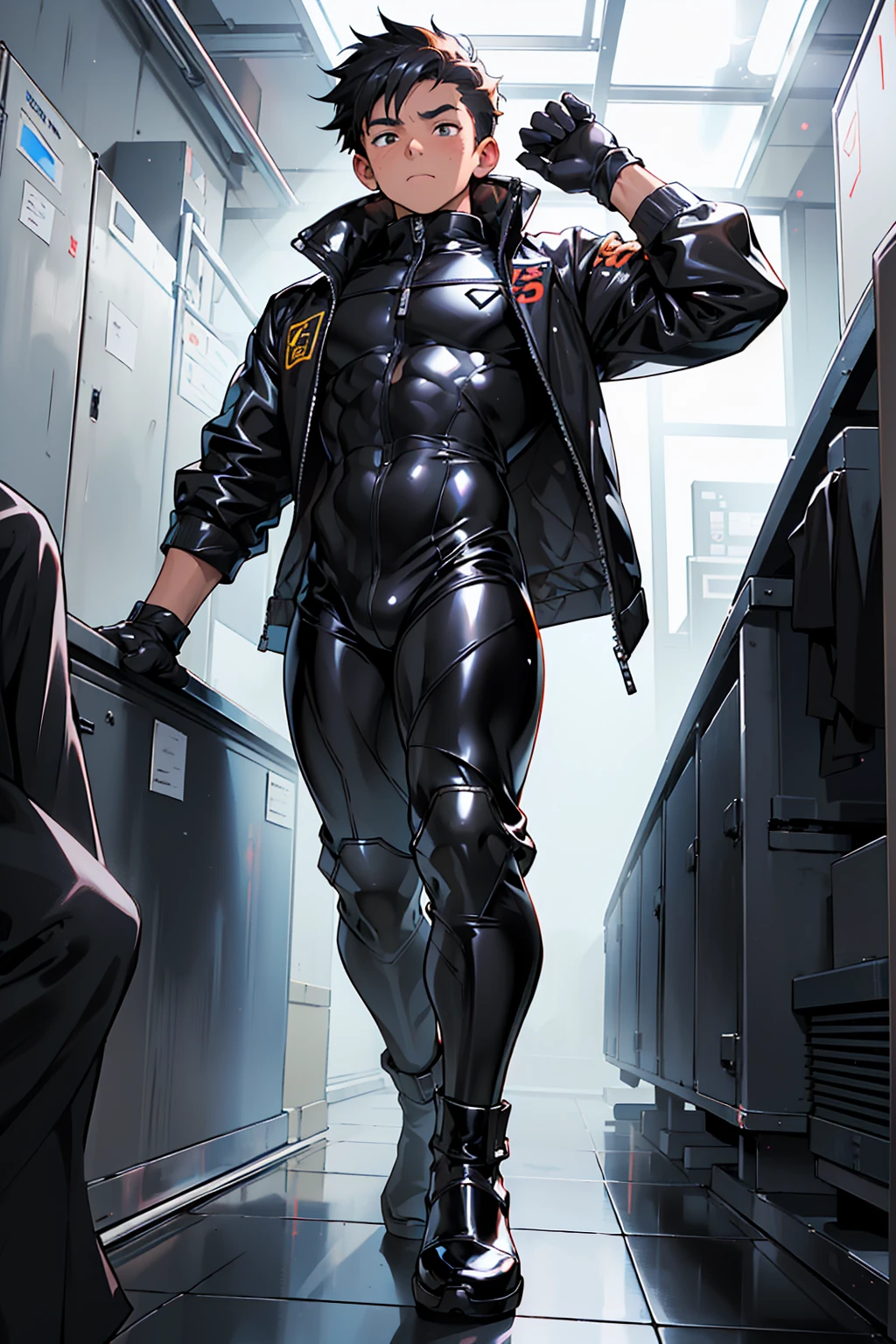 (masterpiece、Highest quality、Bust Shot:1.1、Fisheye Lens)、Muscle juvenile in a full body tight latex hero suit、(((1juvenile、alone、)))、((Gloss、Full body black rubber suit、Black rubber gloves、Black rubber boots))、(Boy、Young Boy、'Face、nice、、When I was young、Tece、Young Frt round face、Flat chin、Three white eyes、 Delicate, large red and black eyes、Detailed face)、Smooth white skin、blush、anger、Looks embarrassed、Color bleach、Golden orange short hair、((Low length))、Detailed body、Muscular Esbian、Three-dimensional muscles、Detailed muscles、Abdominal muscles、Six Pack、trapezius muscle、Deltoids、Biceps、Forearm Muscles 、thick pectoral muscles、The widest back、Thigh hamstrings、Huge Gluteus Maximus、Big Ball、Perfect Anatomy、base、Rim Light、sunlight、