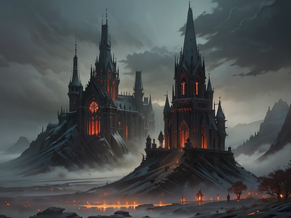 (by Greg Rutkowski: 1.2), (masterpiece), (best quality), extremely delicate and beautiful, illustration, (fantasy landscape), A mesmerizing fantasy landscape with enchanting elements blending seamlessly. , (adorned with spooky atmosphere surrounded with bloods). A sense of dark and horror fills the air, inviting exploration and discovery, depth of field, HDR, intricate, delicate