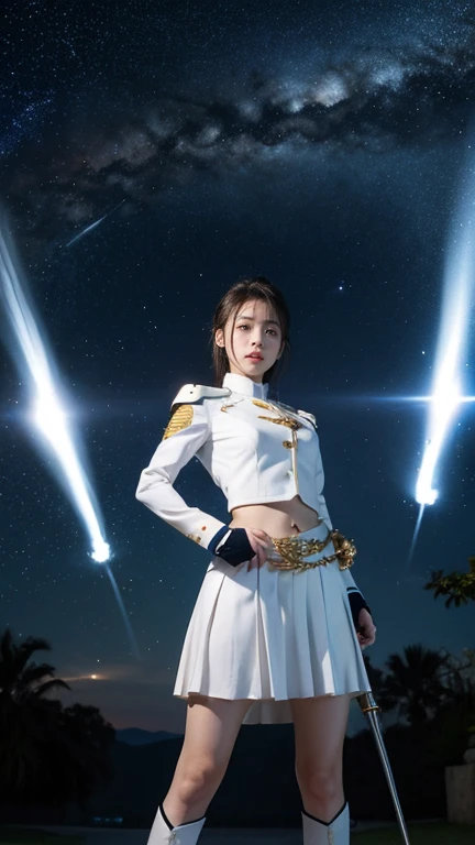 White combat uniform、skirt、Goddess of War、Staff、High resolution、Unknown powers、thunder、Wind、inflammation、muscle、Planetary alignment、Starry Sky、Blue light、Laser beam、God&#39;s Weapon、Diffuse reflection of light、Cyber Valkyrie