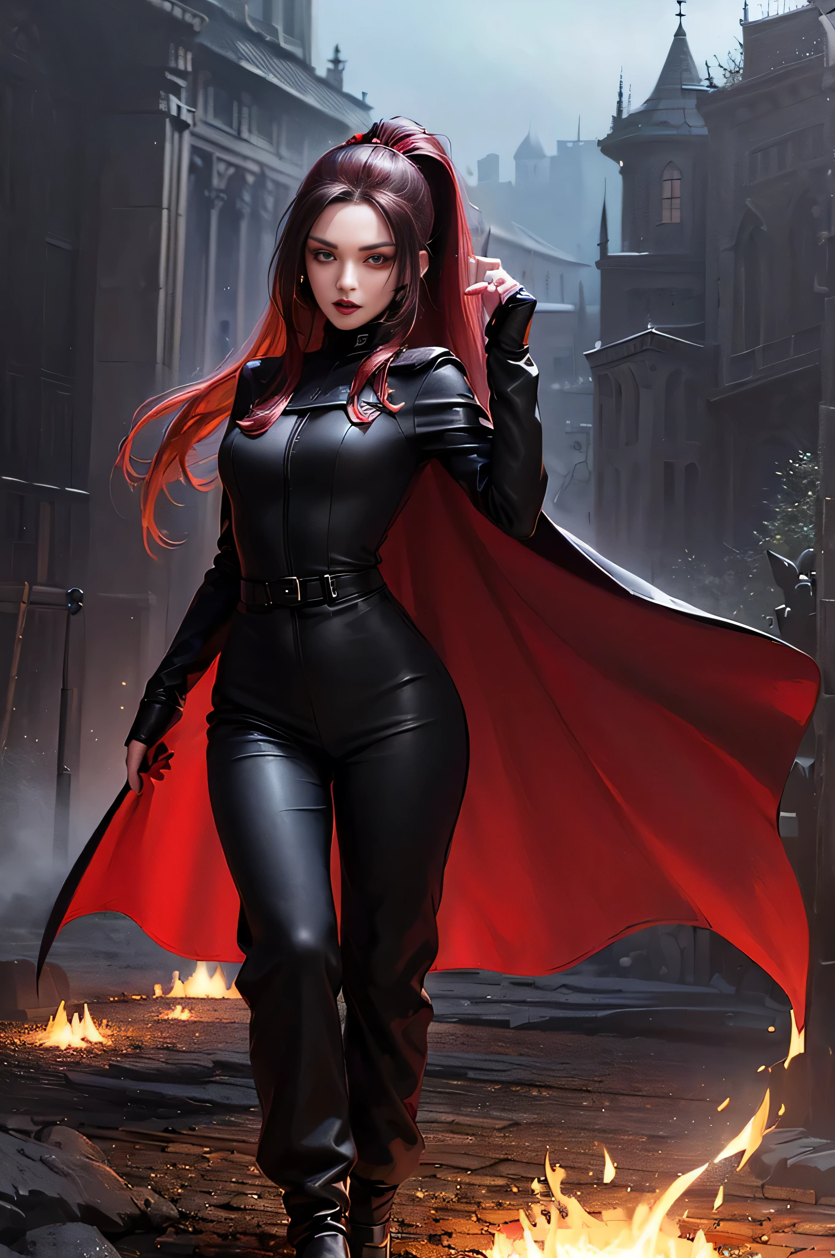 (skindentation:1.5), Realistic, Photorealistic, (masterpiece:1.5), concept art, intricate details, highly detailed, photorealistic, octane render, 8k, unreal engine, dynamic pose, best quality, highres, (realistic face:1.1), (hyperrealistic:1.1), (((full body))), perfect eyes,(shiny skin:1.2), (((hairstyle))), (((perfect handtremely detailed background), ((dynamic background)), ((1girl)), (((wearing black jumpsuit, dark red long wizard cape))), ((detailed eyes, high quality eyes, high quality face)), (extremely intricate cape), red long hair, ((two ponytails)), dramatic, depth of field, bokeh, 4k, (((underworld))), (((black magic witch))), (((fierce eyes))), ((dark eye liners and eye shadow)), ((floating in the air))