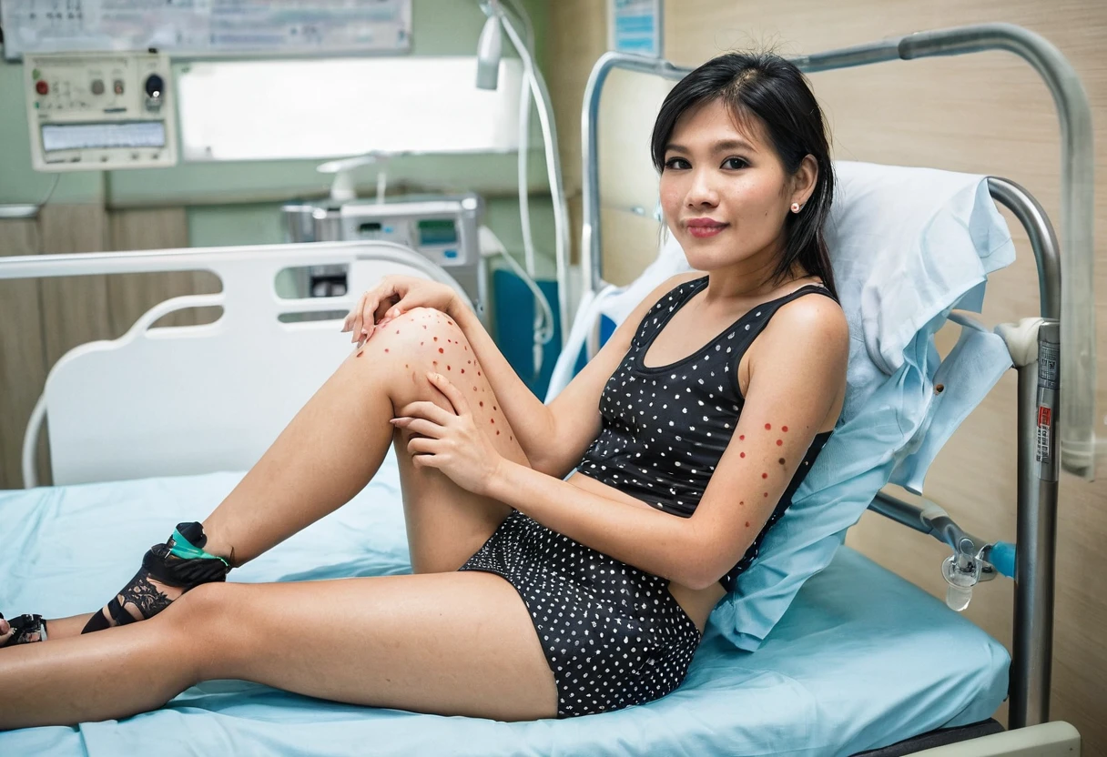 The Filipino female patient had red spots on her skin from chickenpox. fair skin. which. tattooed. wearing a singlet and side slit mini skirt. Lying in the hospital