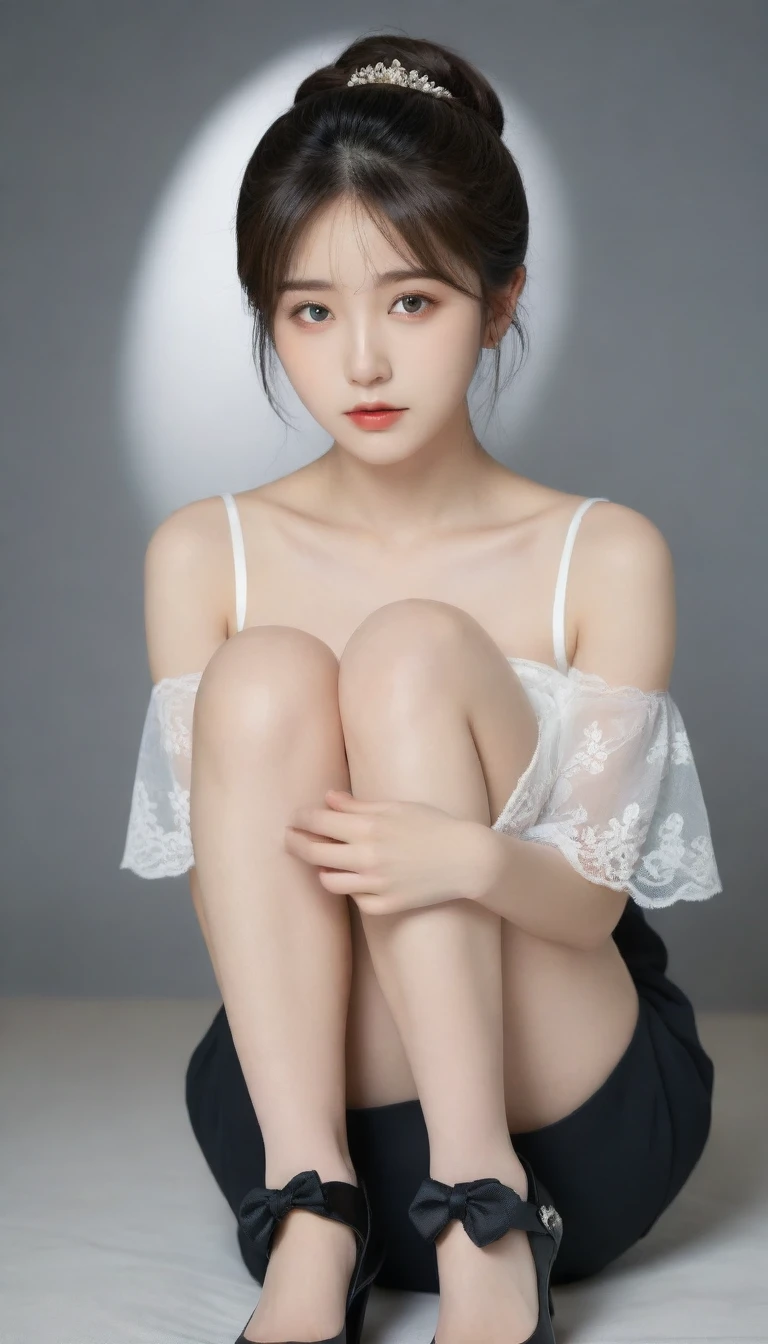 8k, Ultra-high resolution, Highest quality, masterpiece, 三分割法によるphotograph,Surreal, photograph, 1 Girl, (:1.3), pretty girl, Cute Face, Beautiful eyes in every detail, 細かくdetailedに,masterpiece,One Girl:1.2,Japanese high school girls,full body,sad,Black short hair,Messy bun hair,(black suit:1.3),Black Pencil Skirt,(印象派の美しい少女のPortraiture), (Gray background:1.3),(Impressionist light and colour),Dedication to God,Black Stockings,High heel boots,Beautiful leg line beauty,Realistic Skin, Perfect and beautiful face ,完璧でCute Face, Skin with attention to detail, Perfect limbs、Narrow waist,Looking at the audience、beauty,Long neck,clavicle,(((Ideal body type))),A cup small breasts :2,Portraiture:2,Perfect Anatomy,鮮明なdetailed,detailed,Surreal,Light and shadow,spotlight