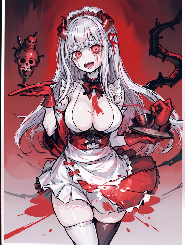 1girl,silver hair, pink eyes, pale skin,(masterpiece, best quality), red japanese oni horns,red hair,hime cut,yandere, open mouth, insane smile, 
((creepy eyes,crying)),clear pupils, smile,large breasts,