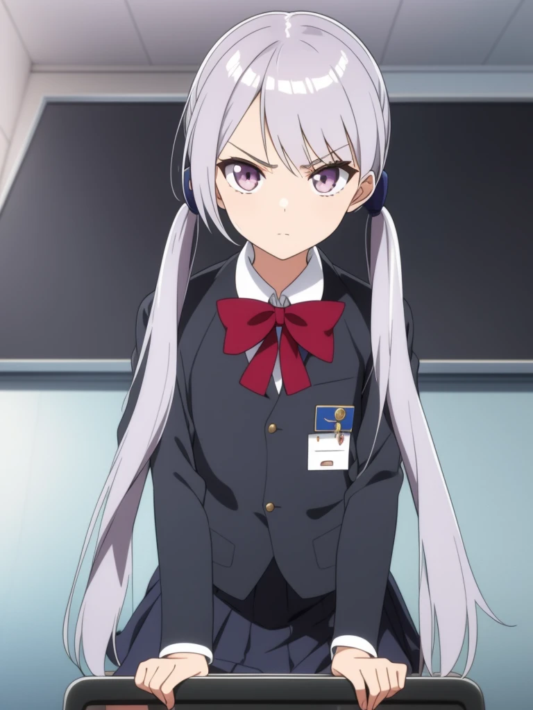1girl, anime girl, silver hair, long twintails, silver eyes, school outfit, black tie, skirt, side head shot, looks at viewer, serious neutral face, sits in classroom, anime screencap