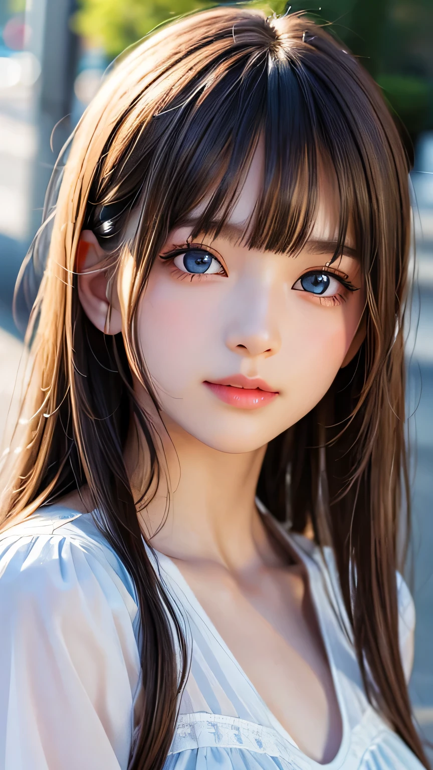 (Close-up:1.4)、(RAW shooting:1.2)、(Photorealistic:1.4)、(masterpiece:1.3)、(Highest quality:1.4)、Bright expression、Very cute beautiful girl、An exceptionally beautiful girl、Cute and beautiful face details、Beautiful Bangs、Radiant, fair, glowing skin、Facial hair、Bangs that reach the face、Bangs between the eyes、Super long hair、Beautiful platinum blonde, super long, straight, silky hair、Thin Hair、Big, bright, light blue eyes that shine beautifully、one piece、eyeliner、double eyelid、Ample Bust、Upper Body、