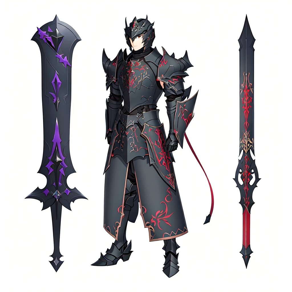masterpiece,best quality,1 black knight wearing ebony armor,\(herrscher of finality\),brown hair,solo,full body, besides two black iron great swords filled with details,+ +,tight black,(((dark armor set))),((fantasy character)), anime character sheet