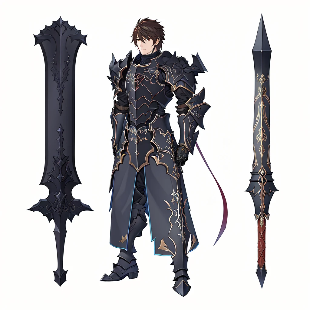 masterpiece,best quality,1 black knight wearing ebony armor,\(herrscher of finality\),brown hair,solo,full body, besides two black iron great swords filled with details,+ +,tight black,(((dark armor set))),((fantasy character)), anime character sheet