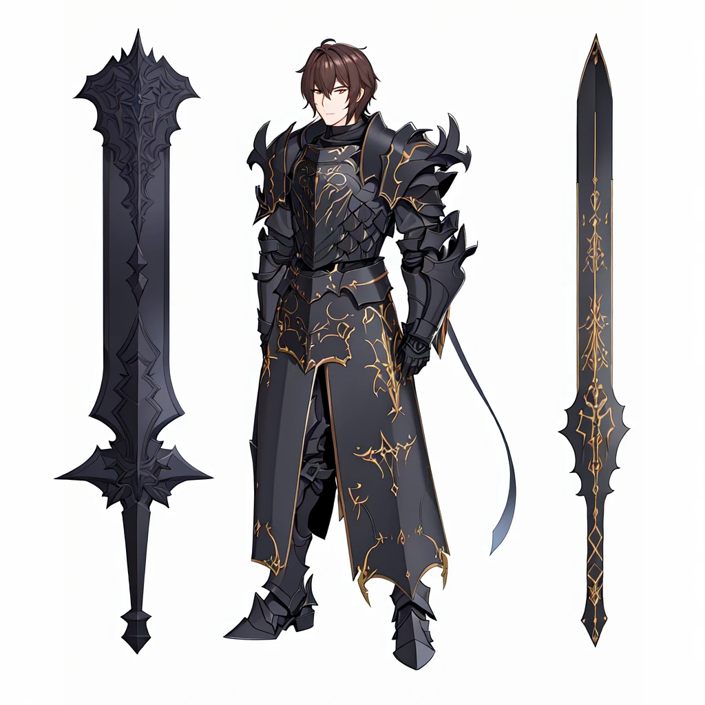 masterpiece,best quality,1 black knight wearing ebony armor,\(herrscher of finality\),brown hair,solo,full body, besides two black iron great swords filled with details,+ +,tight black,(((dark armor set))),((fantasy character)), anime character sheet