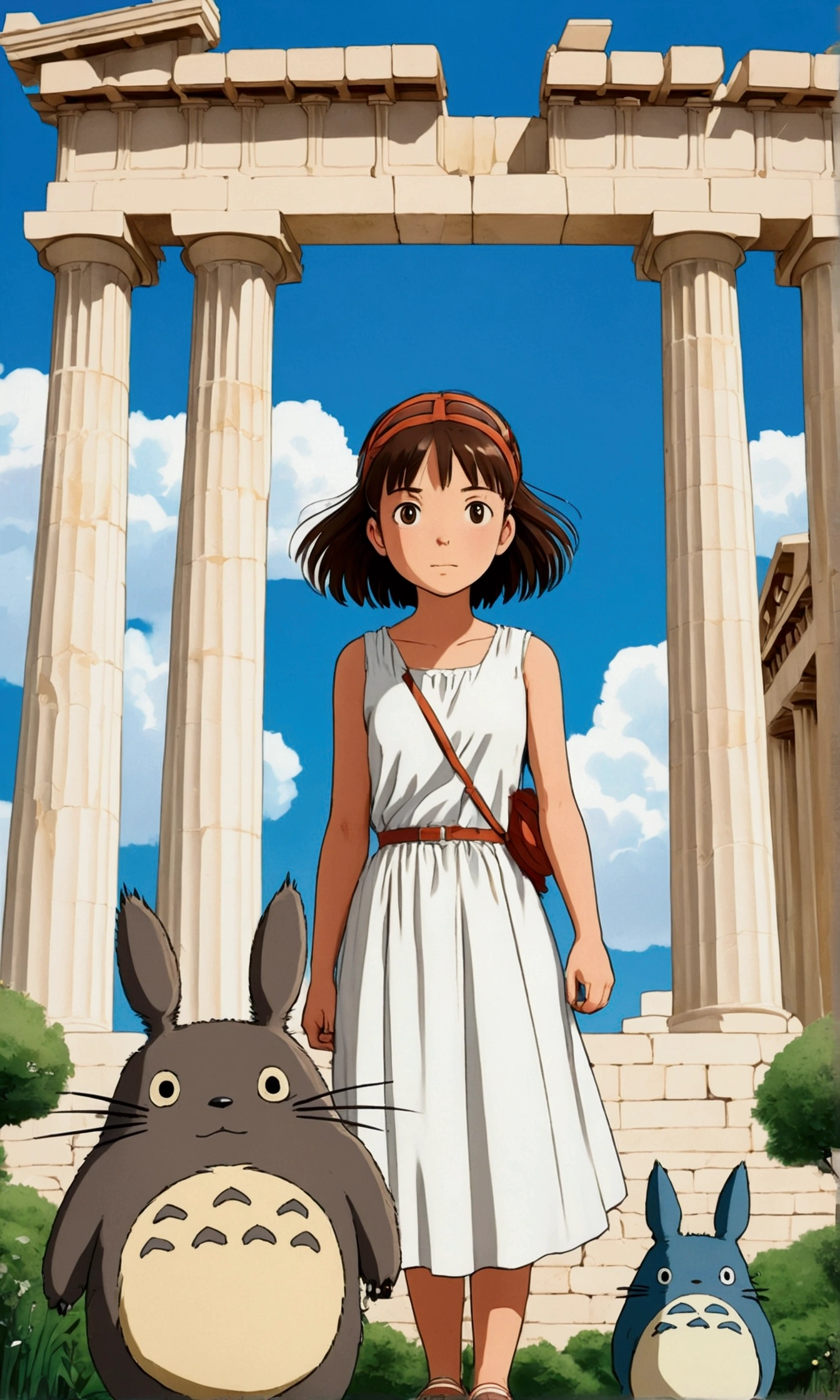 Ghibli style,Greece,((The background is the Parthenon)),((Cute big cat with Totoro and beautiful girl))