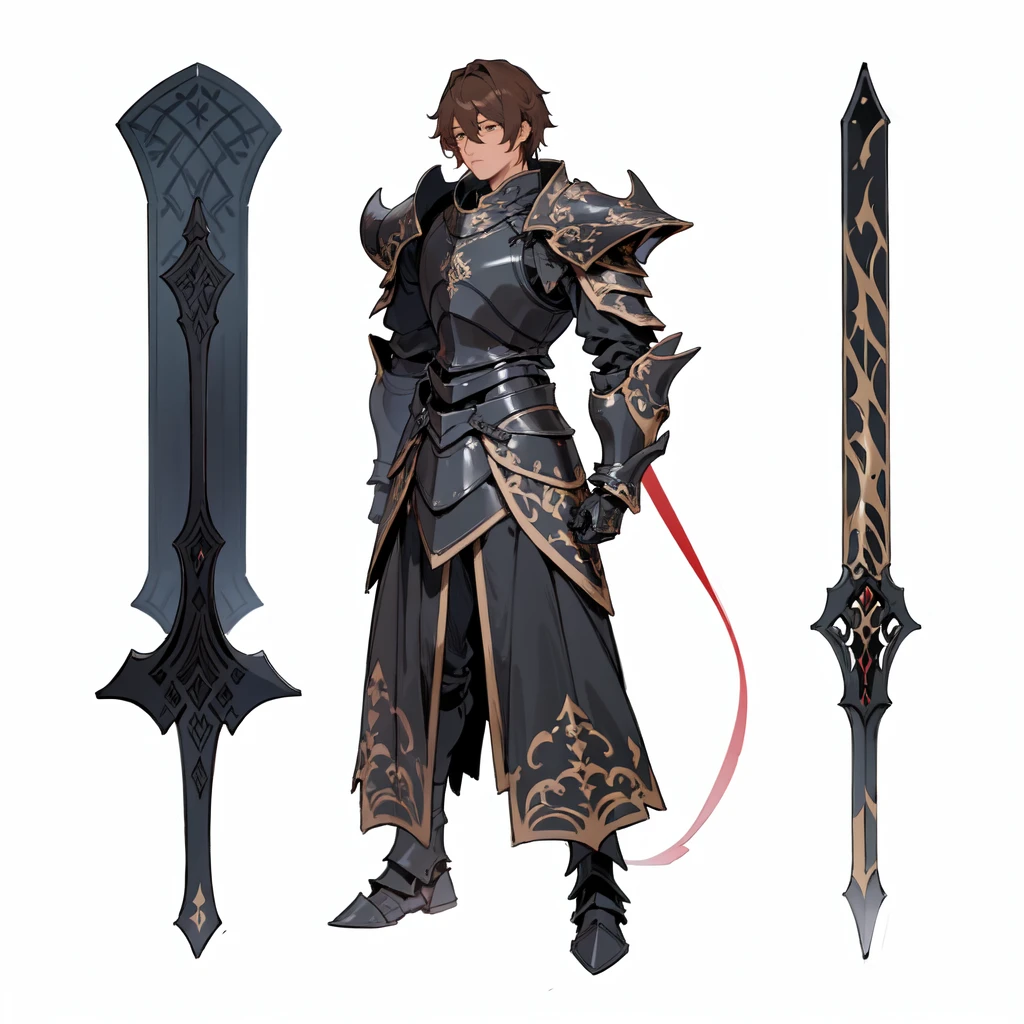 masterpiece,best quality,1 black knight wearing ebony armor,\(herrscher of finality\),brown hair,solo,full body, besides two black iron great swords filled with details,+ +,tight black,(((dark armor set))),((fantasy character)), anime character sheet