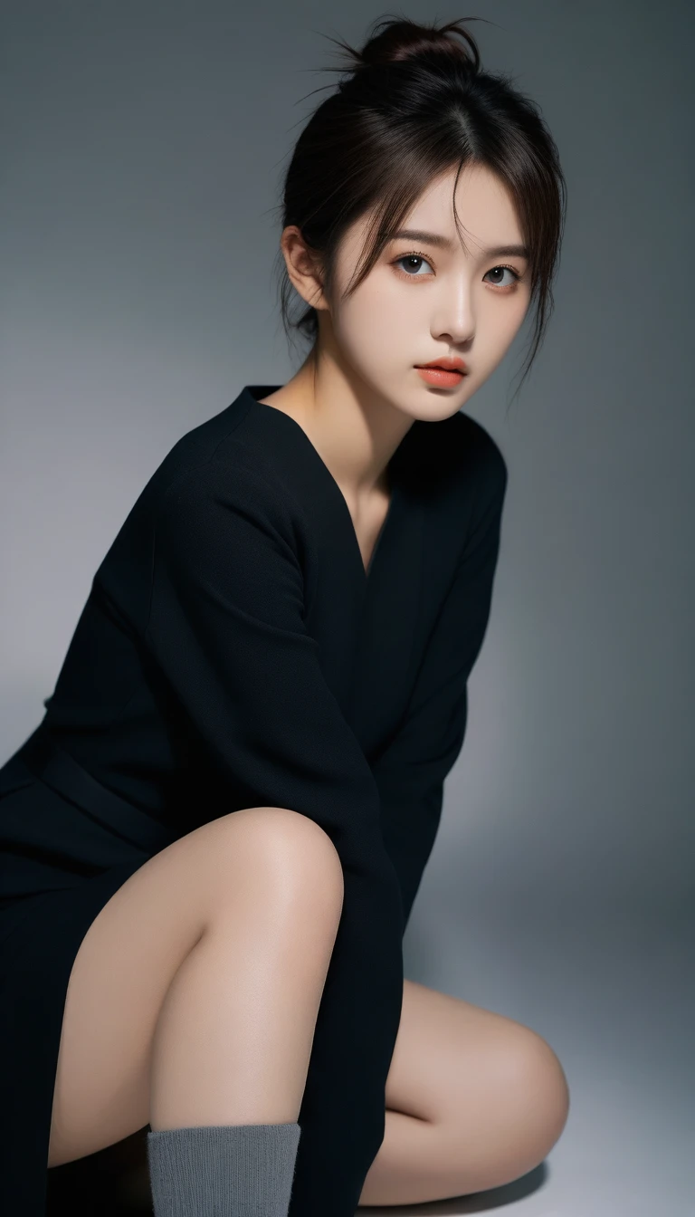 8k, Ultra-high resolution, Highest quality, masterpiece, 三分割法によるphotograph,Surreal, photograph, 1 Girl, (15 years old:1.3), pretty girl, Cute Face, Beautiful eyes in every detail, 細かくdetailedに,masterpiece,One Girl:1.2,Japanese high school girls,full body,sad,Black short hair,Messy bun hair,(black suit:1.3),Black Pencil Skirt,(印象派の美しい少女のPortraiture), (Gray background:1.3),(Impressionist light and colour),Dedication to God,Black Stockings,High heel boots,Beautiful leg line beauty,Realistic Skin, Perfect and beautiful face ,完璧でCute Face, Skin with attention to detail, Perfect limbs、Narrow waist,Looking at the audience、beauty,Long neck,clavicle,(((Ideal body type))),A cup small breasts :2,Portraiture:2,Perfect Anatomy,鮮明なdetailed,detailed,Surreal,Light and shadow,spotlight