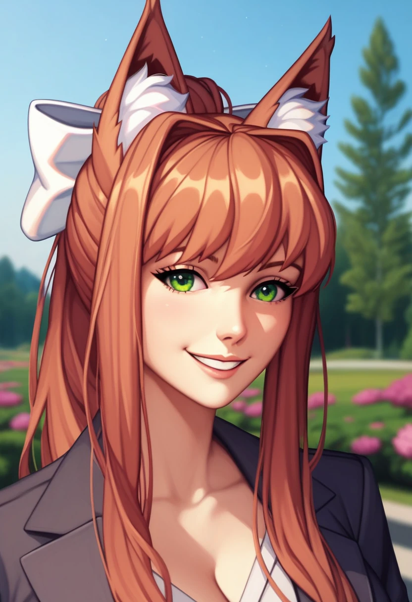 ((masterpiece, best quality:1.2))((coral brown hair))((emerald green eyes)),solo,1girl,monika(doki doki literature club),(standing_fox_ears),(fluffy_fox_tail), ), (smile expression), ((close up photo))