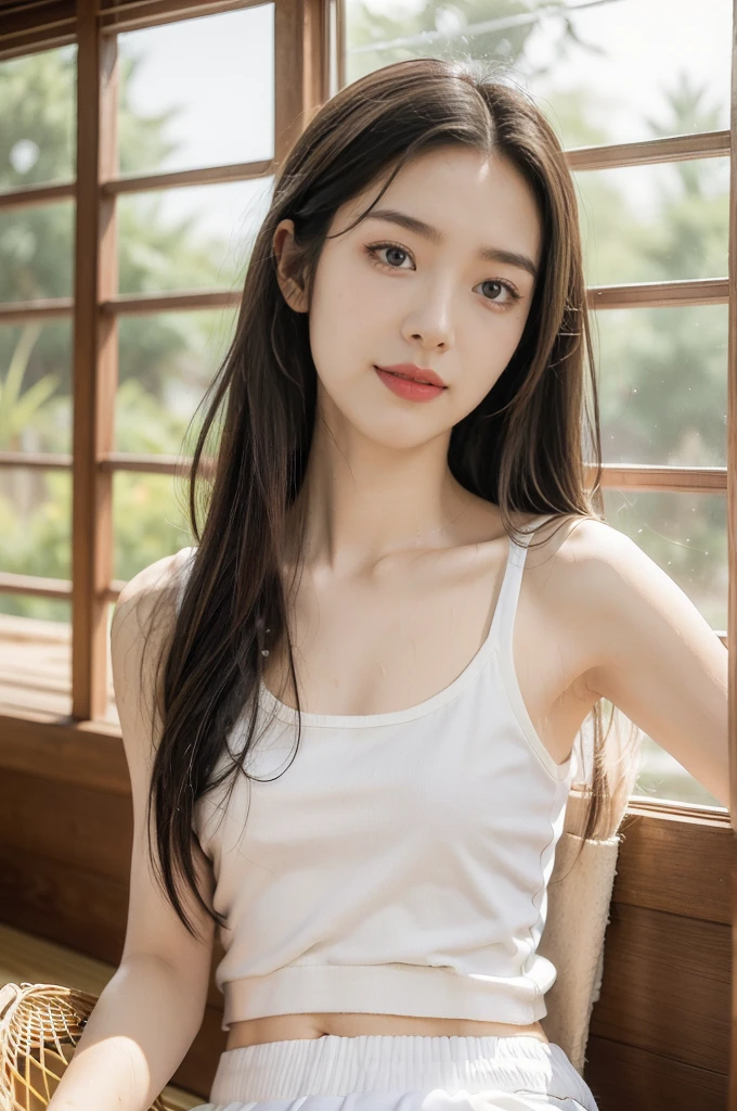 (((best quality))),(((ultra detailed))),(((masterpiece))),illustration,((1 stunning girl,solo)),(shoulder length straight hair:1.2),((slim,thin)),((small breasts,flat chest)),serene Japanese countryside setting,summer heat,(white tank top:1.3),(white shorts:1.3),(sweat:1.5),(slender legs:1.2),intense heat,spirits,tranquil ambiance,traditional Japanese rural home,slatted windows,gentle breeze,straw tatami,large juicy watermelon,refreshment,summer heat,(electric fan),calming breeze,sun-kissed skin,radiant smile,joy,beauty,simple pleasures,hot summer day,Japanese rural retreat,tranquility,resilience,((from front,upper body))