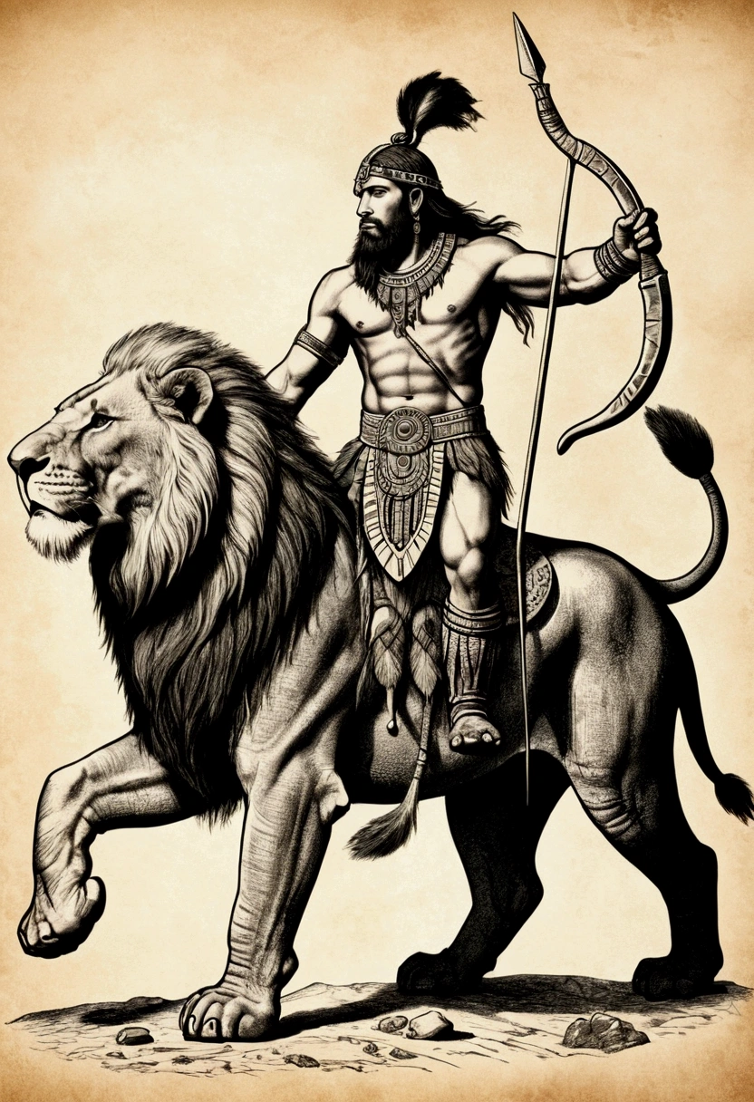 drawing of a paleolithic warrior on top or side of an animal such as a lion, elephant, among others