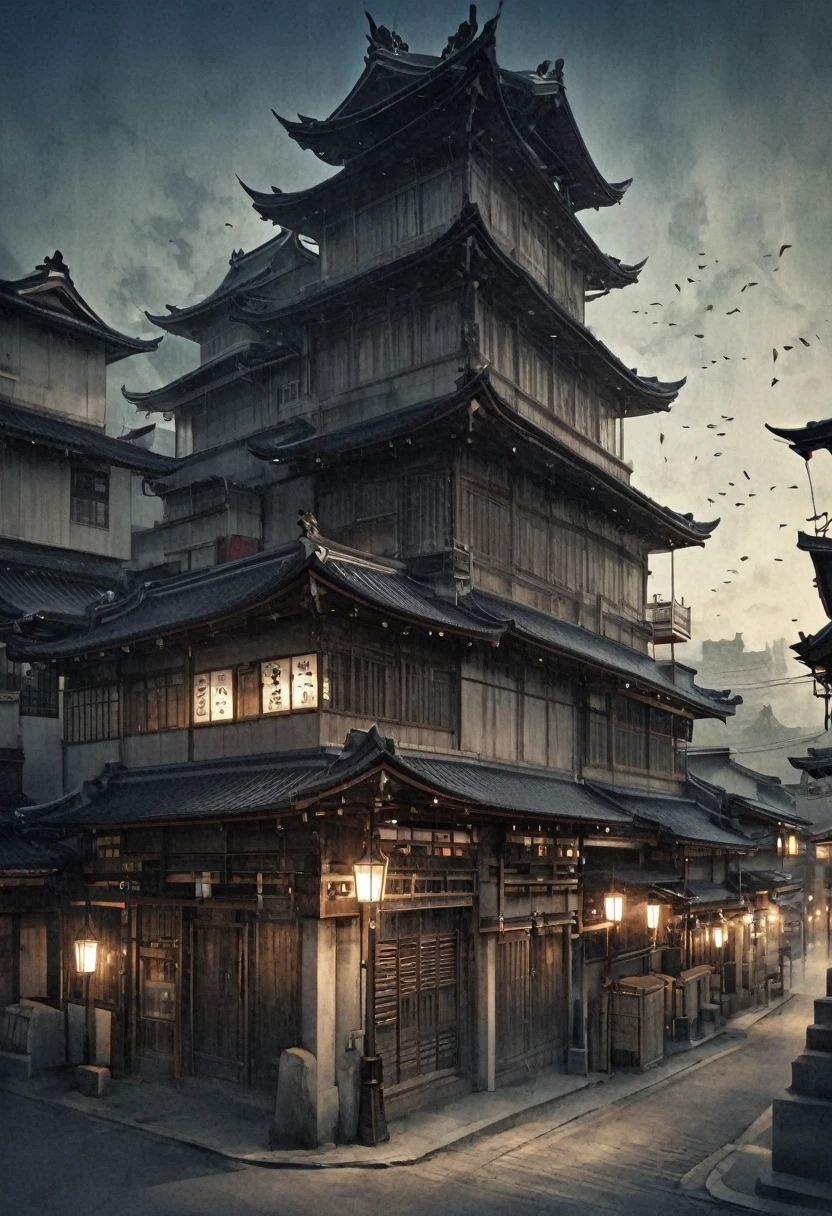 Ink painting,Black and white painting,Oiran,５A big hairpin made of books,Oiran衣装,Lanterns lined up in Kyoto at night,