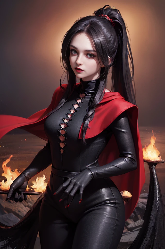 (skindentation:1.5), Realistic, Photorealistic, (masterpiece:1.5), concept art, intricate details, highly detailed, photorealistic, octane render, 8k, unreal engine, dynamic pose, best quality, highres, (realistic face:1.1), (hyperrealistic:1.1), (((full body))), perfect eyes,(shiny skin:1.2), (((hairstyle))), (((perfect handtremely detailed background), ((dynamic background)), ((1girl)), (((wearing black jumpsuit, dark red long wizard cape))), ((detailed eyes, high quality eyes, high quality face)), (extremely intricate cape), red long hair, ((two ponytails)), dramatic, depth of field, bokeh, 4k, (((underworld))), (((black magic witch))), (((fierce eyes))), ((dark eye liners and eye shadow)), ((floating in the air))