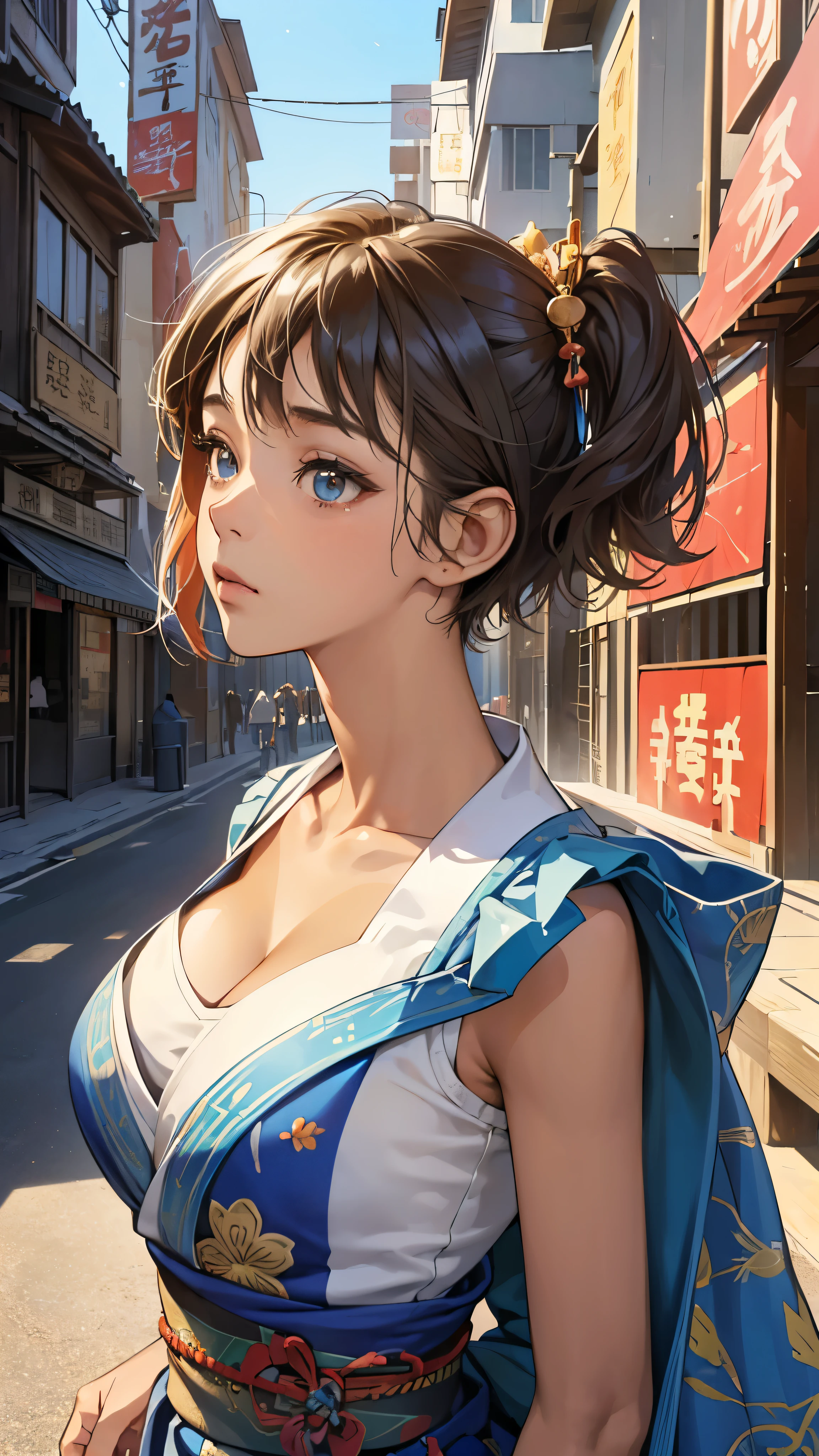 (perfect anatomy:1.2)(absurdres, highres, ultra detailed),masterpiece,best quality,high resolution,8k,Realistic face,Realistic skin texture,magnified textures, stunning clarity,detailed anime girl,(ultra detailed eyes and face),(1 girl)(14 years old:1.2),(baby face:1.2),japanese girl,floral printed blue yukata,、(very short hair:1.5)(two side up:1.6)、tareme,light brown hair:1.2,kanzashi、glamor、short stature、(bust up:1.4),Steampunk in the Edo Period、(Vivid hieroglyph signs and street advertisements:1.2)、,autumn、hieroglyph,souk、Shopping Street、Ancient Egyptian statues,reaching out,(tanned skin:1.5),big breasts,look up viewer,round face,Shoulder Bare,(from front:1.2),cleavage cutout,(Despairing:1.5)