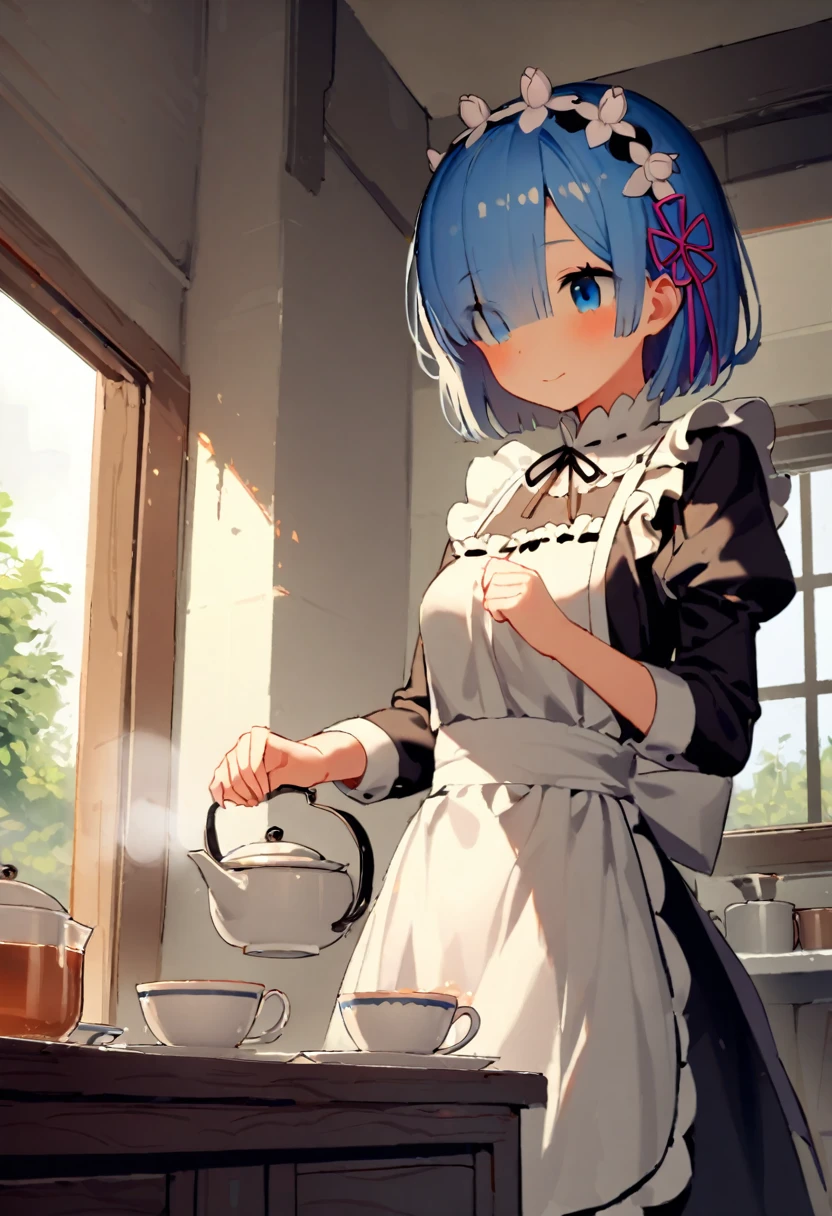 1girl, rem (re:zero), re:zero kara hajimeru isekai seikatsu, maid, maid dress, katyusha, standing by a window, early morning, soft sunlight, gentle smile, kitchen background, preparing tea, steam rising from teacup, masterpiece, best quality, absurdres