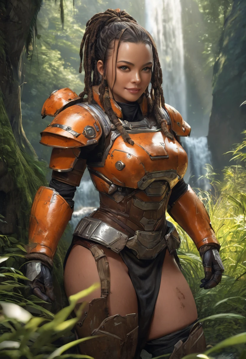 full body image, (best quality,4k,8k,highres,masterpiece:1.2), ultra-detailed, (realistic,photorealistic,photo-realistic:1.37),(Numerous award-winning masterpieces, incredibly detailed and textured, maximal resolution and clarity), (Hyper-realistic:1.4), (Realistic:1.3), imagine a high tech barbarian combining futuristic heavy orange power armor with primitive barbaric furs and loin cloth, her armor is a bold orange. under the armor a layer covers her upper body and arms. The power armor has chipped paint and scratches from many battles, it has rivets and a very heavy looking chest plate, there are gauges and hoses on the chest plate. (visible wires connect the shoulder pads to the armored gloves:1.2), which has black fur trim. her lower body is unarmored, consisting of a pelvic curtain over her bare hips, bare thighs, fur belt. Her boots are thick leather covered in dust with black fur trim. She is a curvy black woman with her short hair pulled back in dreadlocks. The background consists of a lush green forest, a river and waterfall can be seen in the background, around her is tall grass. Sunbeams shine through the leaves, leaving her in partial shade. She looks around at the peaceful forest with a smile on her lips.
