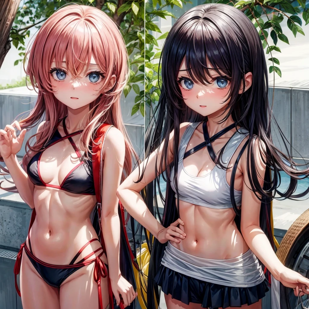 Practical, Two girls looking at each other, Long Shot, 1 Petite women (permanent) Wearing a bikini, Long hair, barefoot, 1 mini giantess minigts woman (Feminization, Thin body, Sexy, The clothes are torn, Sweat), (Medium breasts: 1.5) look down, Dynamic poses, Wearing a vest, Scenes involving two women, Pay attention to height differences, couple, skirt, Anxious expression (Highly refined skin),  Delicate face, 8K Ultra HD, Soft lighting, high quality, Full body portrait.