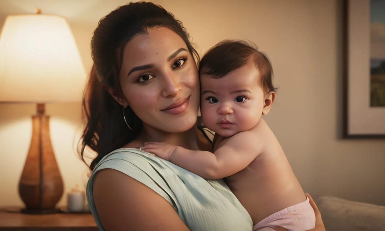 Create a heartwarming scene titled 'LuciaGTA6SDXL', depicting a young woman gently cradling a baby boy in her arms as they both look directly at the camera. The setting is cozy and intimate, with soft lighting that enhances the tender moment between mother and . The woman's gaze is filled with affection as she admires the baby, who appears content and peaceful. Capture the strong bond between them with detailed expressions and subtle touches, conveying a profound sense of love and nurturing. Surround them with a warm, inviting atmosphere that beautifully emphasizes this special maternal connection.