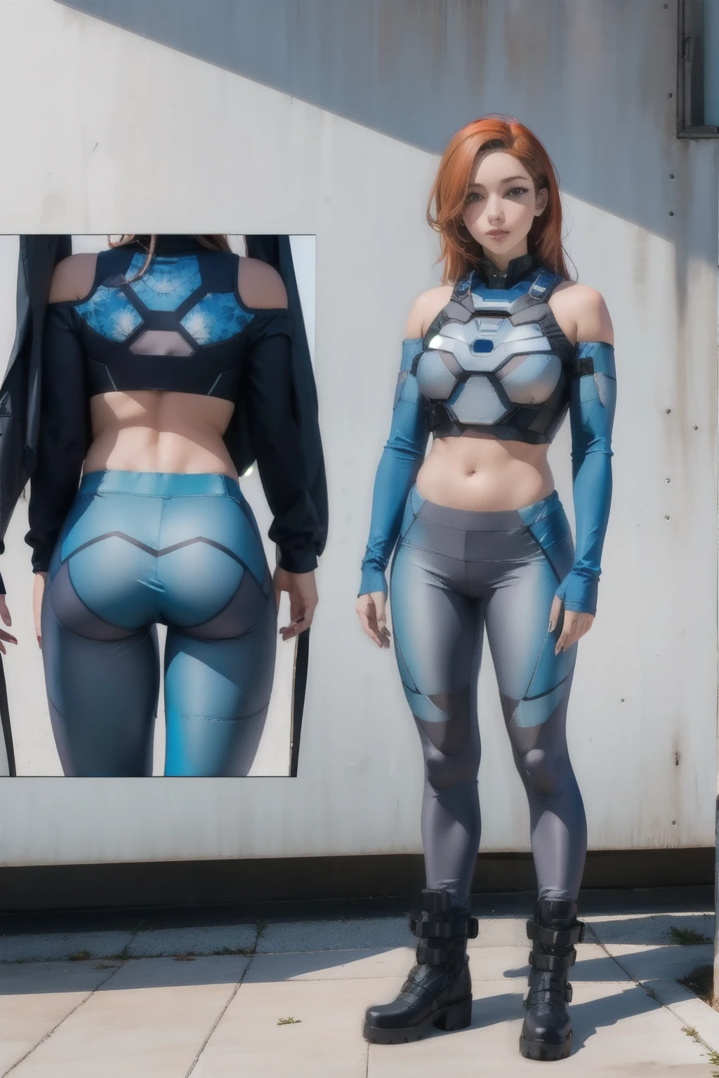 (((full body photo))) Fr3ckles, ginger hair, grey eyes, freckles, 1girl, rusty, bare shoulders,midriff,pants,fingerless gloves,cyborg clothing, long sleeves, cyborg, chrome, simple background, full body, boots