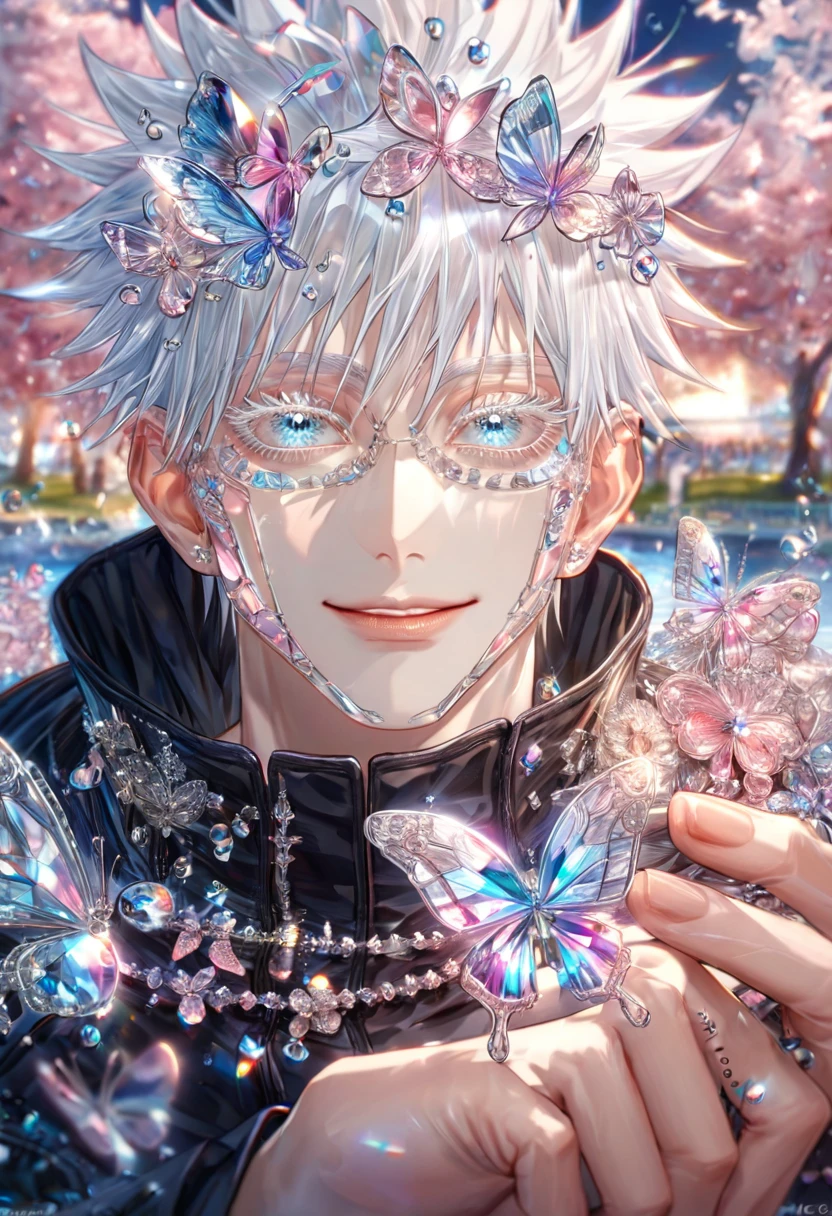 absurdres, highres, ultra detailed, HDR, master piece, best quality, extremely detailed face, delicated features, Gojou Satoru, white hair, expressive blue eyes, white eyelashes, Jujutsu Kaisen, solo, sexy man, handsome, smile, black coat with fur, fantasy, magical, pink glass butterflies, pink glass flowers, water, pink glass blossoms, pink glass moon, park, crystal glass style