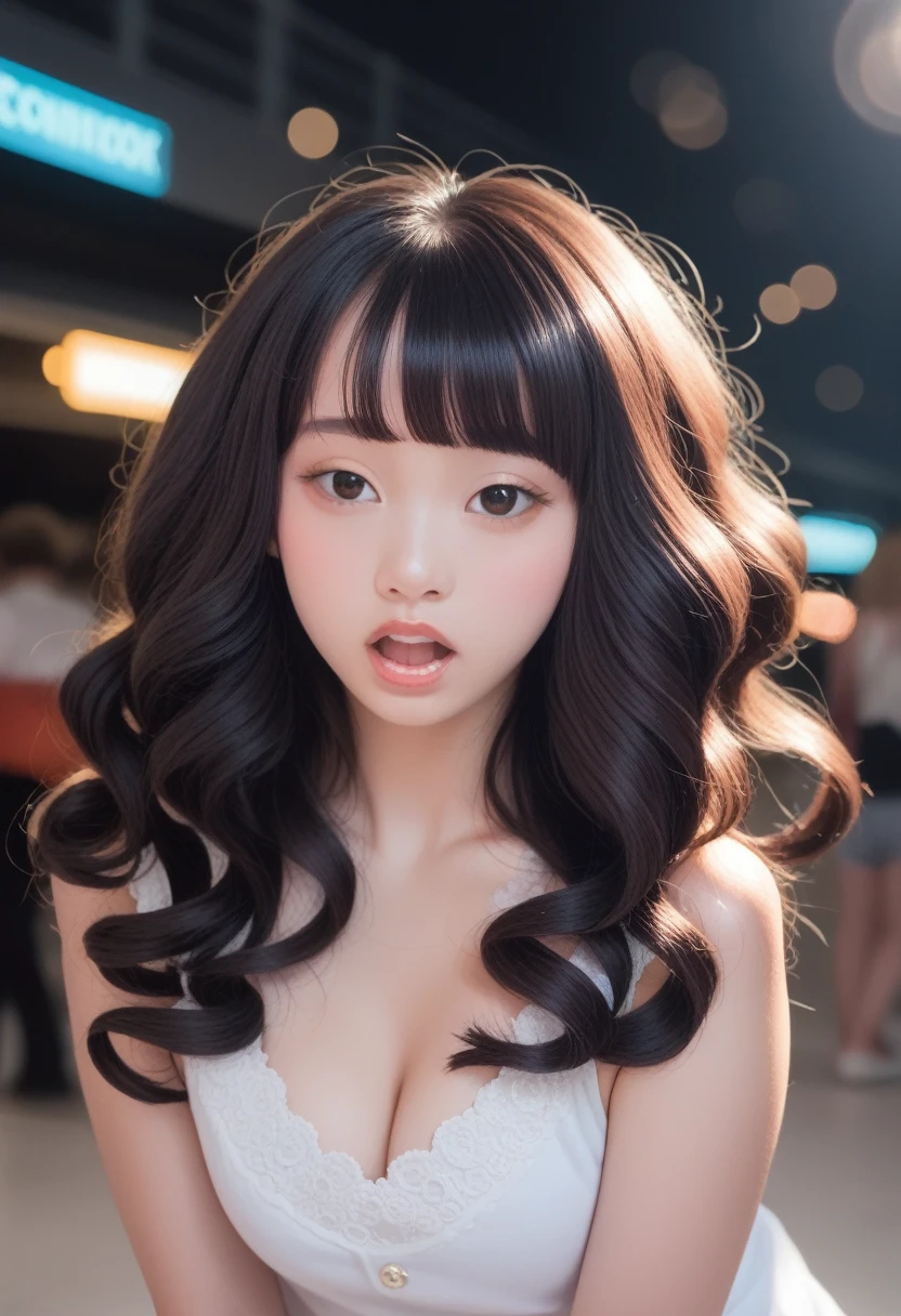 Top quality, Reality, 8K, HD, 1 girl, Miss, (y pose: 1.9, touch: 1.9, cleveage: 2), Gorgeous, (Large target: 1.8), (underwear: 2, OK: 1.9, underwear: 1.4), (short hair: 2, Bob: 2, partedbangs: 1.6), Watch the audience, (1 girl's Eyes: 1.6), Reality, (Bokeh), (Flowing hair, Lips, open mouth: 1.43), Gorgeous, Pure face_v1:1,