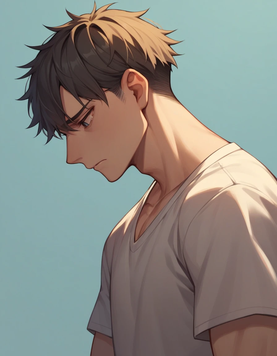 Boy in profile,  sad, Looking down,  short hair 