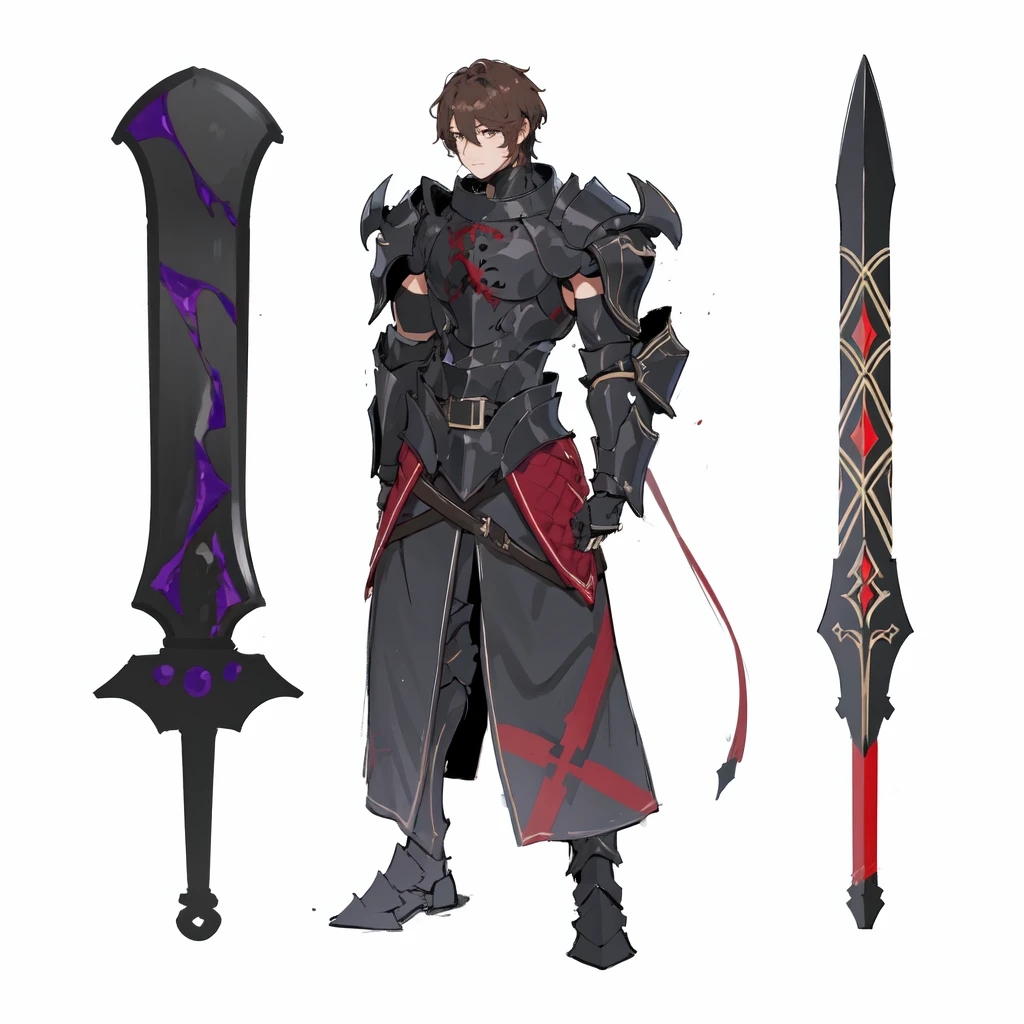masterpiece,best quality,1 black knight wearing ebony armor,\(herrscher of finality\),brown hair,solo,full body, two black iron great swords with red magic crystrals, + +,tight black,(((dark armor set))),((fantasy character)), anime character sheet