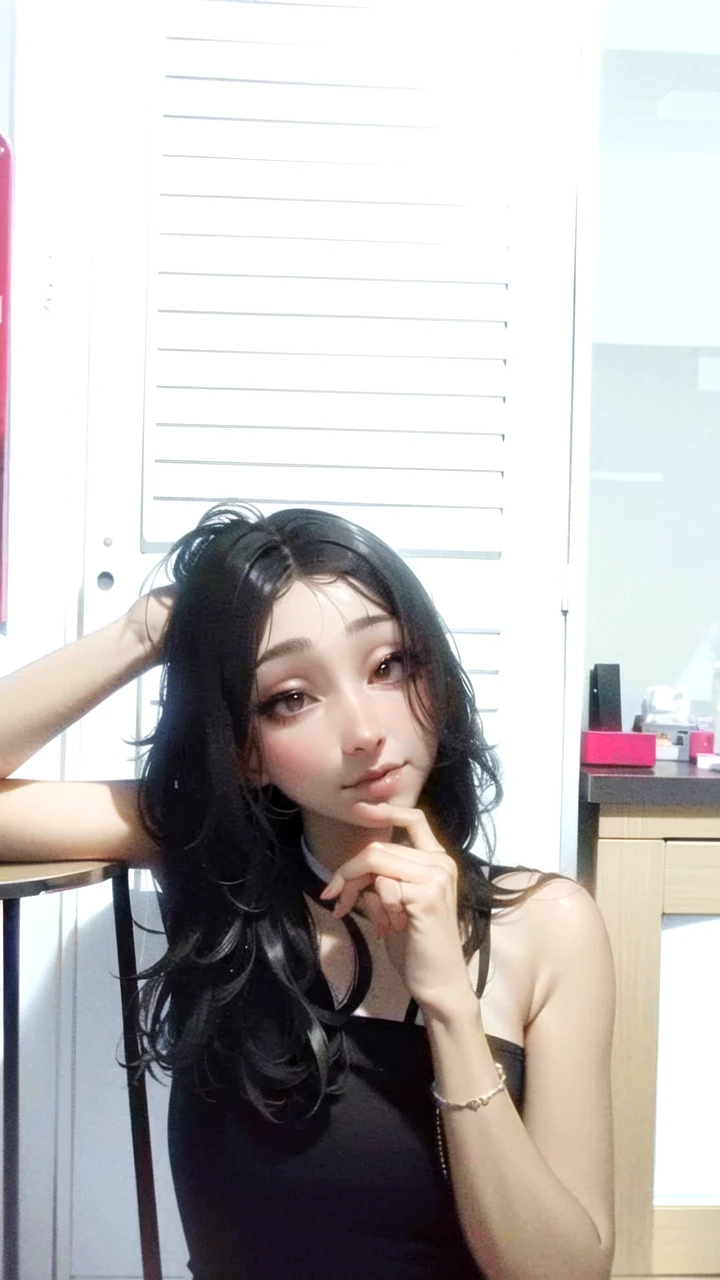 best quality, ultra high res, 1girl, sleeveless white button shirt, black skirt, black choker, cute, (Kpop idol), (aegyo sal:1), (platinum blonde hair:1), ((puffy eyes)), looking at viewer, full body, facing front