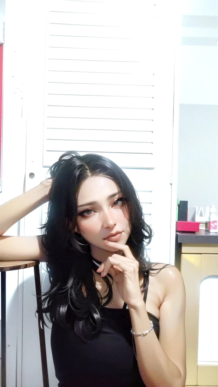 best quality, ultra high res, 1girl, sleeveless white button shirt, black skirt, black choker, cute, (Kpop idol), (aegyo sal:1), (platinum blonde hair:1), ((puffy eyes)), looking at viewer, full body, facing front