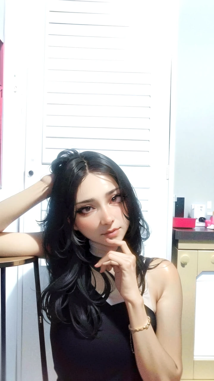best quality, ultra high res, 1girl, sleeveless white button shirt, black skirt, black choker, cute, (Kpop idol), (aegyo sal:1), (platinum blonde hair:1), ((puffy eyes)), looking at viewer, full body, facing front