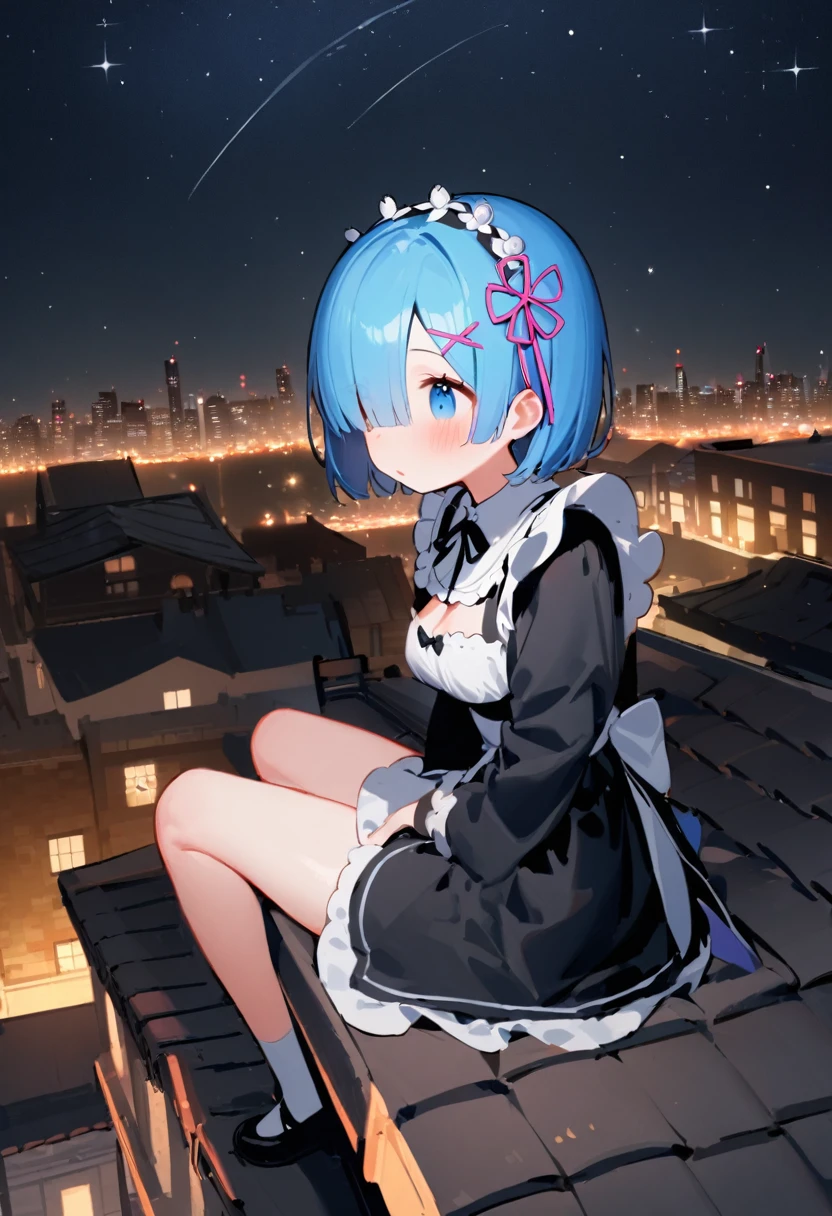 1girl, rem (re:zero), re:zero kara hajimeru isekai seikatsu, maid, maid dress, katyusha, stargazing, nighttime, moonlight, telescope nearby, sitting on rooftop, city lights in background, wondering expression, masterpiece, best quality, absurdres