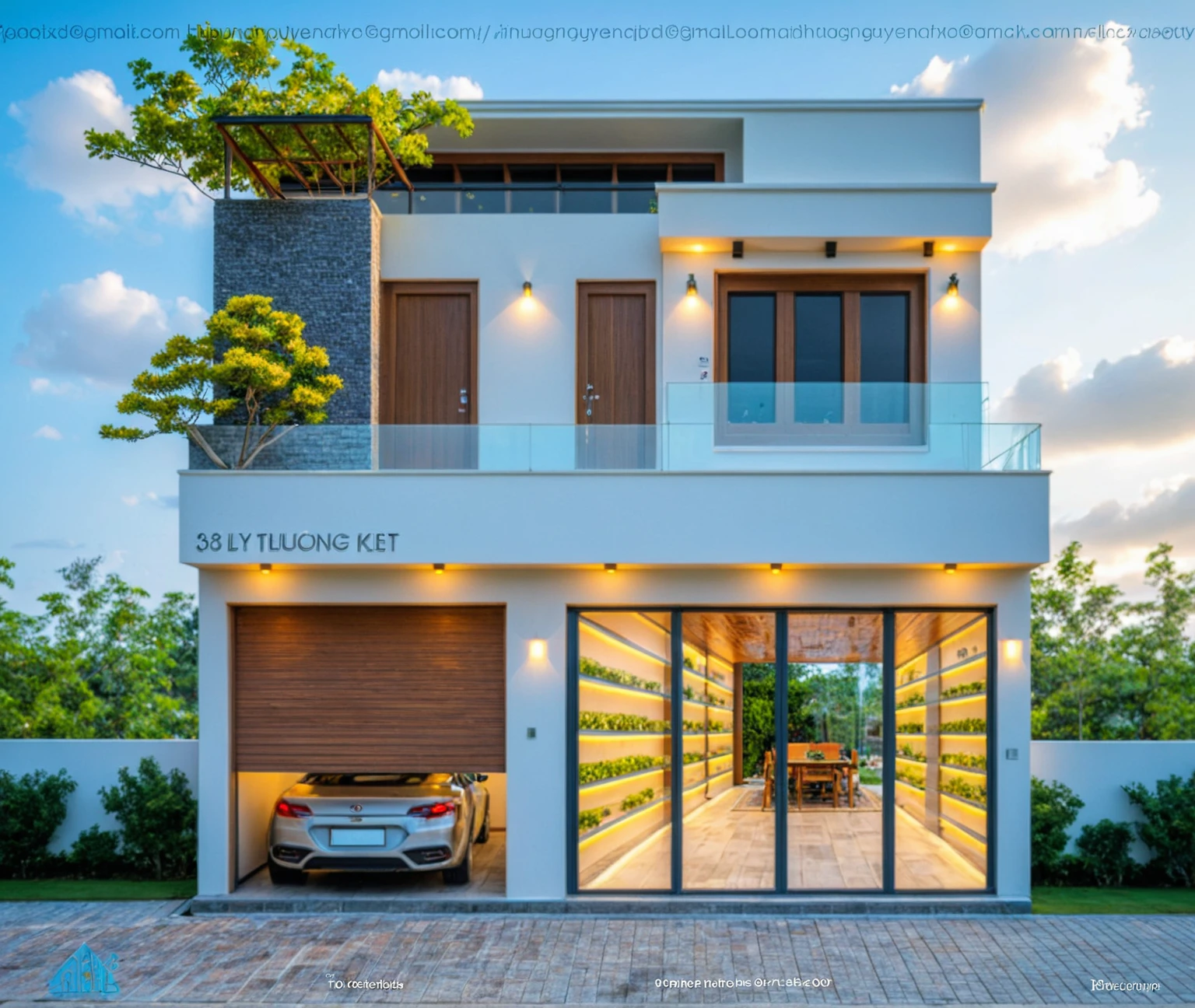 Masterpiece, high quality, best quality, authentic, super detailed, outdoor, one-story villa, aiaigroup, modern house style on the street, stairs, White wall, road, summer evening, Many roadside bougainvillea, aiaigroup road, sidewalk, grass, trees, sky, clouds, (day: 1.1), vivid colors , trees, sky, clouds, (daylight: 1.1),( ( lake in front of the wall))