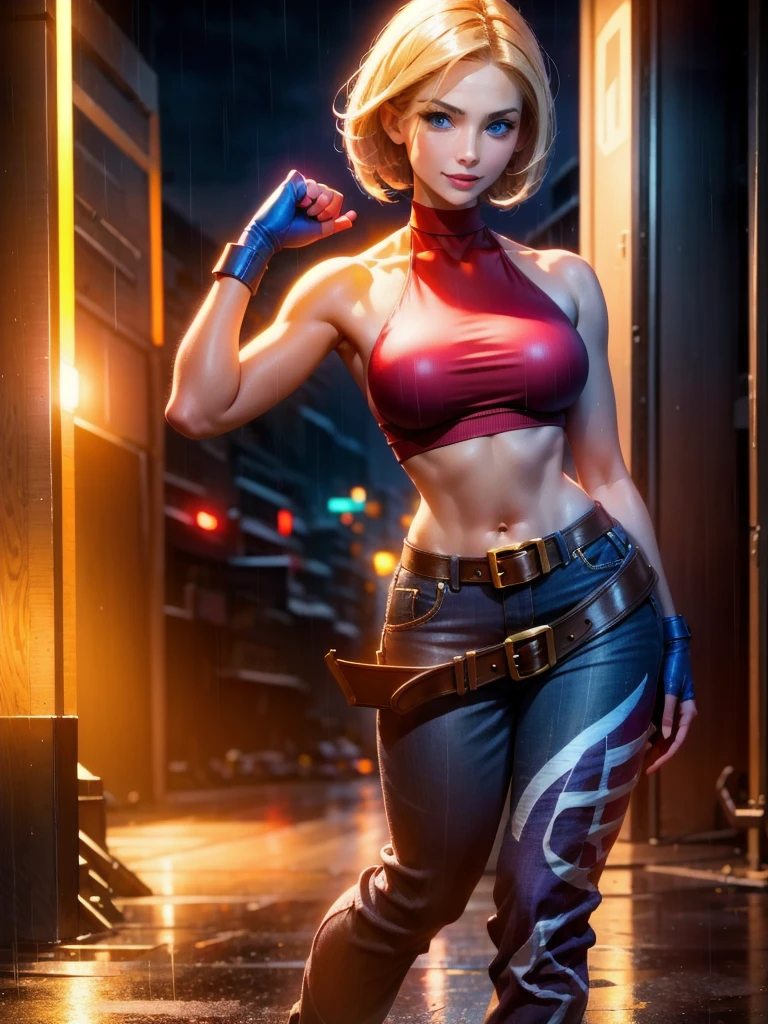 (at night), in a video game scene, a background of a beautiful city at night raining, standing at attention, red top, blue joggers, blue fingerless gloves, large brown belt hanging from her waist ((blonde hair )), 1 girl, alone, 20 years old, young woman, perfect hands, beautiful fingers, beautiful long legs, beautiful body, beautiful nose, beautiful character design, perfect face, looking at the viewer with serious gesture (focusing on her face) , closed mouth, Light_Smile, official art, extremely detailed CG unity 8k wallpaper, perfect lighting, bright and colorful front lighting, glowing skin (masterpiece: 1.0), (best_quality: 1.0), ultra high resolution, 4K, ultra photography detailed, 8K, HDR, high resolution, absurd:1.2, Kodak portra 400, film grain, blurred background, bokeh:1.2, lens flare, (vibrant_color:1.2), professional photography, (Beautiful, breasts: 1.4), ( beautiful_face: 1.5), (narrow waist),