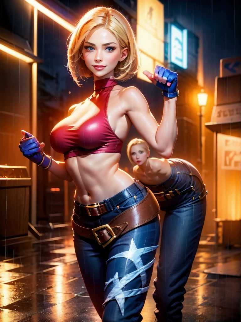 (at night), in a video game scene, a background of a beautiful city at night raining, standing at attention, red top, blue joggers, blue fingerless gloves, large brown belt hanging from her waist ((blonde hair )), 1 girl, alone, 20 years old, young woman, perfect hands, beautiful fingers, beautiful long legs, beautiful body, beautiful nose, beautiful character design, perfect face, looking at the viewer with serious gesture (focusing on her face) , closed mouth, Light_Smile, official art, extremely detailed CG unity 8k wallpaper, perfect lighting, bright and colorful front lighting, glowing skin (masterpiece: 1.0), (best_quality: 1.0), ultra high resolution, 4K, ultra photography detailed, 8K, HDR, high resolution, absurd:1.2, Kodak portra 400, film grain, blurred background, bokeh:1.2, lens flare, (vibrant_color:1.2), professional photography, (Beautiful, breasts: 1.4), ( beautiful_face: 1.5), (narrow waist),
